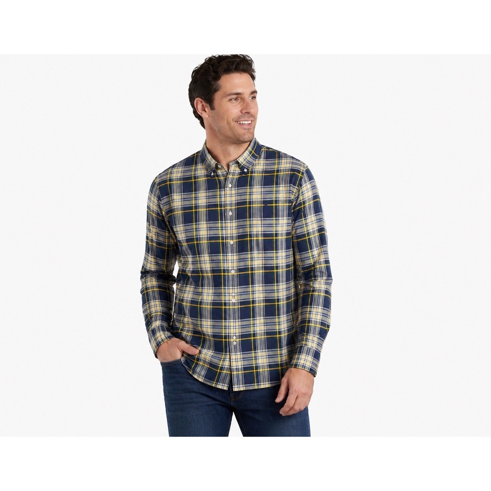 Ralph Lauren Mens Custom Fit Plaid Button Down‎ Shirt Navy Blue Yellow XL